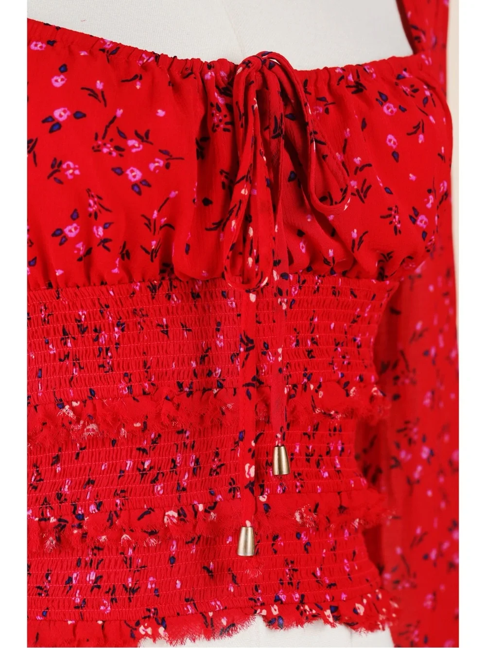 Sz XS Free People Lolita Red Floral Print Smocked Long Sleeve Crop Top EUC